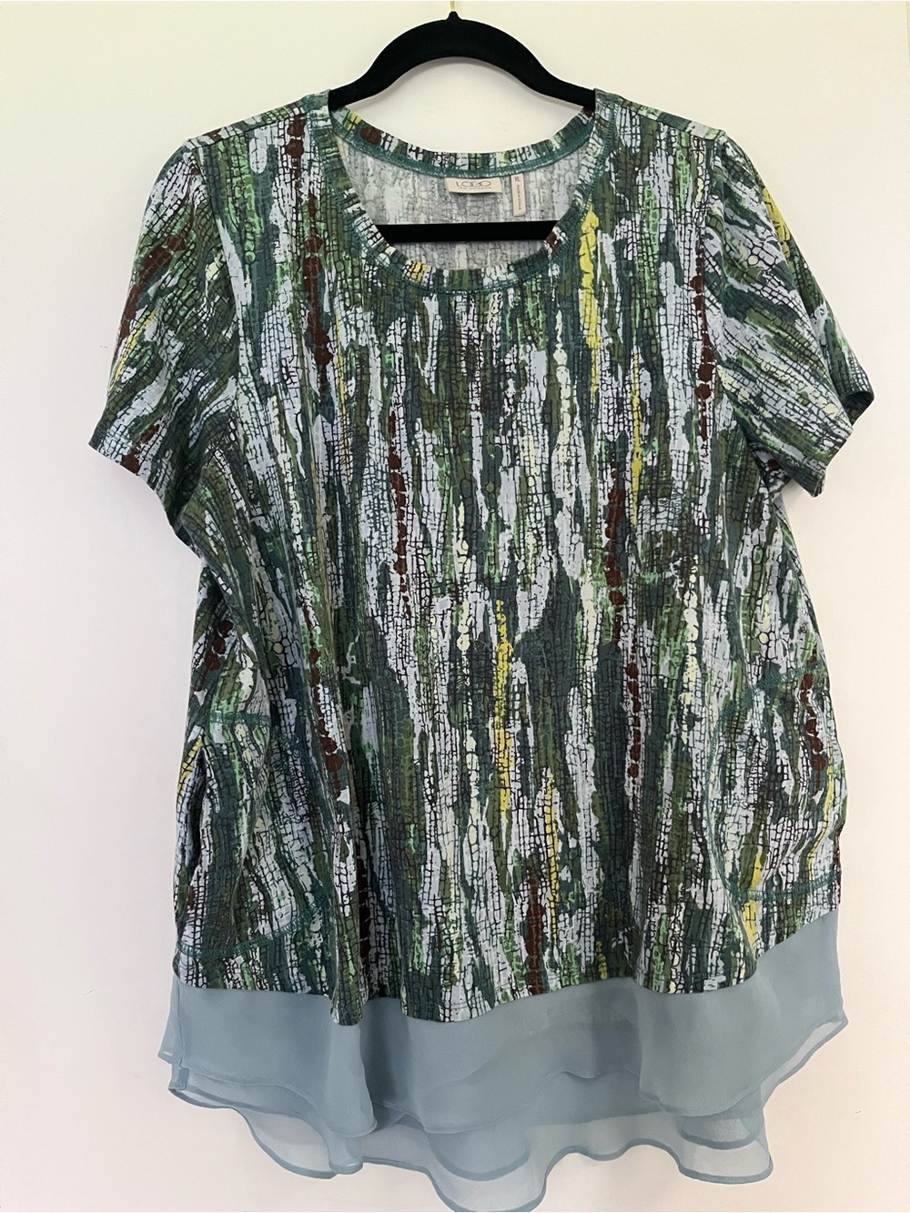 LOGO by Lori Goldstein Green Multi-Print Short Sleeve Tunic with Chiffon Hem
